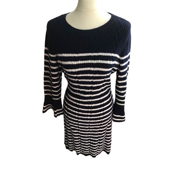Talbots Navy Blue Ivory Cable Knit Wool Blend Sweater Dress Petite / XL Bell Sle - Picture 1 of 14